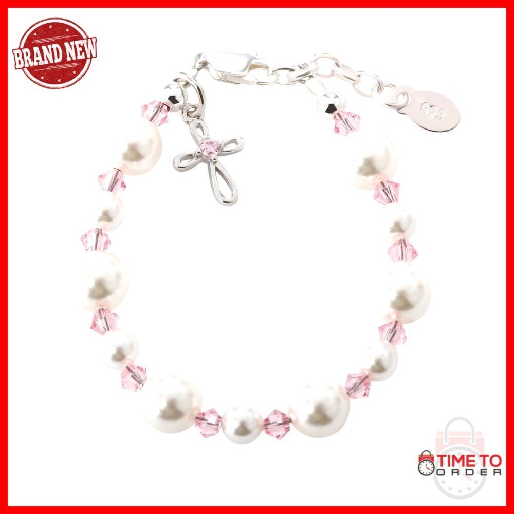 Sterling Silver Adjustable Bracelet with Pearls Crystals Cross Charm